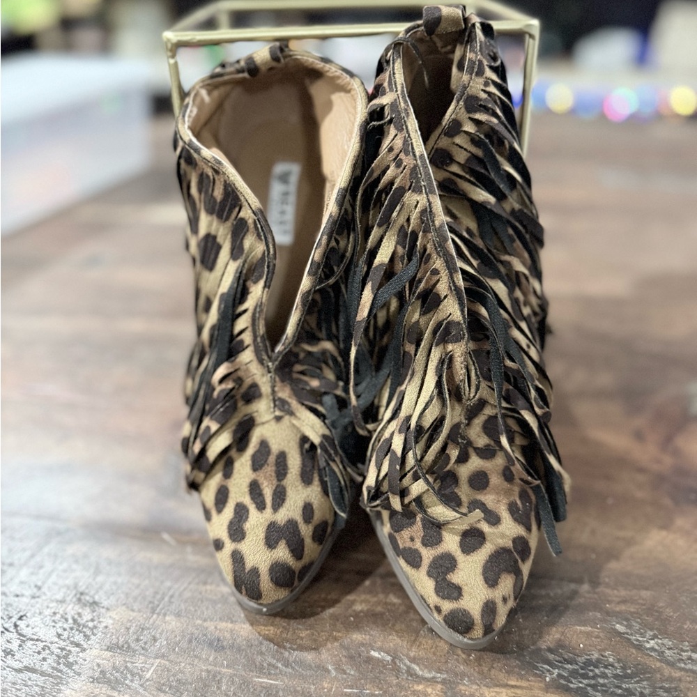 Leopard Print Fringe Ankle Boots - Women